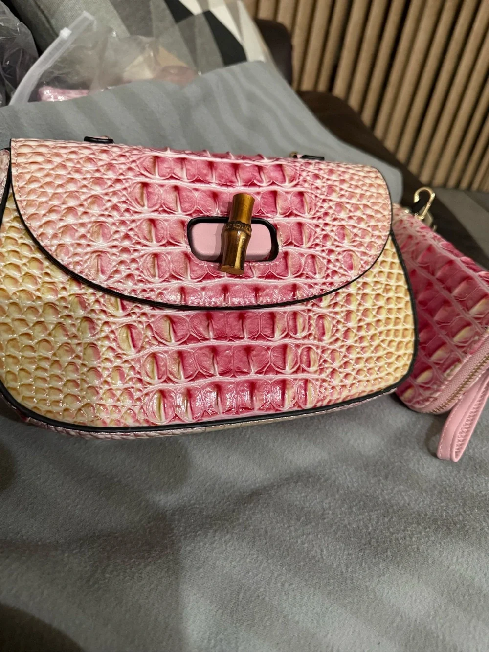 Pink Croc-Embossed Satchel with Bamboo Handle and Matching Wallet